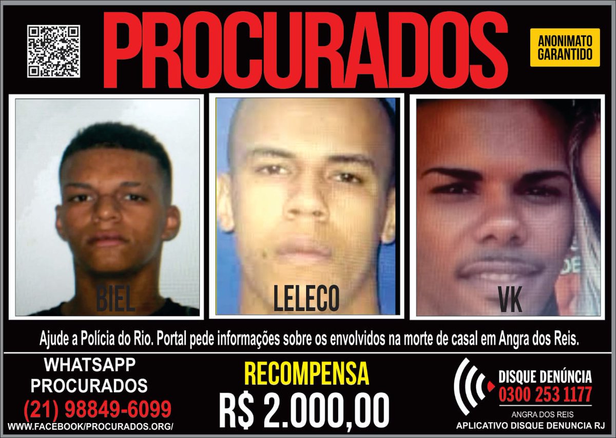 DDalertaRio's tweet photo. A equipe da #166DP , através do @PProcurados do @DDalertaRio , busca informações que localizem e prendam "Biel", "VK" e "Leleco"; principais envolvidos na morte de um casal de enfermeiros, em Angra dos Reis. O crime aconteceu em fevereiro de 2020. Compartilhe! https://t.co/YMFp86hdx7