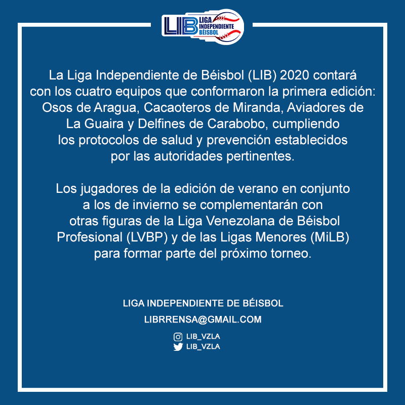 lib_vzla's tweet photo. #LIB | La Liga Independiente de Béisbol informa debido a las circunstancias actuales que atraviesa el país por la pandemia del Coronavirus, se realizará una sola edición 2020.

📄 https://t.co/0ipEAT1oHw https://t.co/vsjywo0Wc9