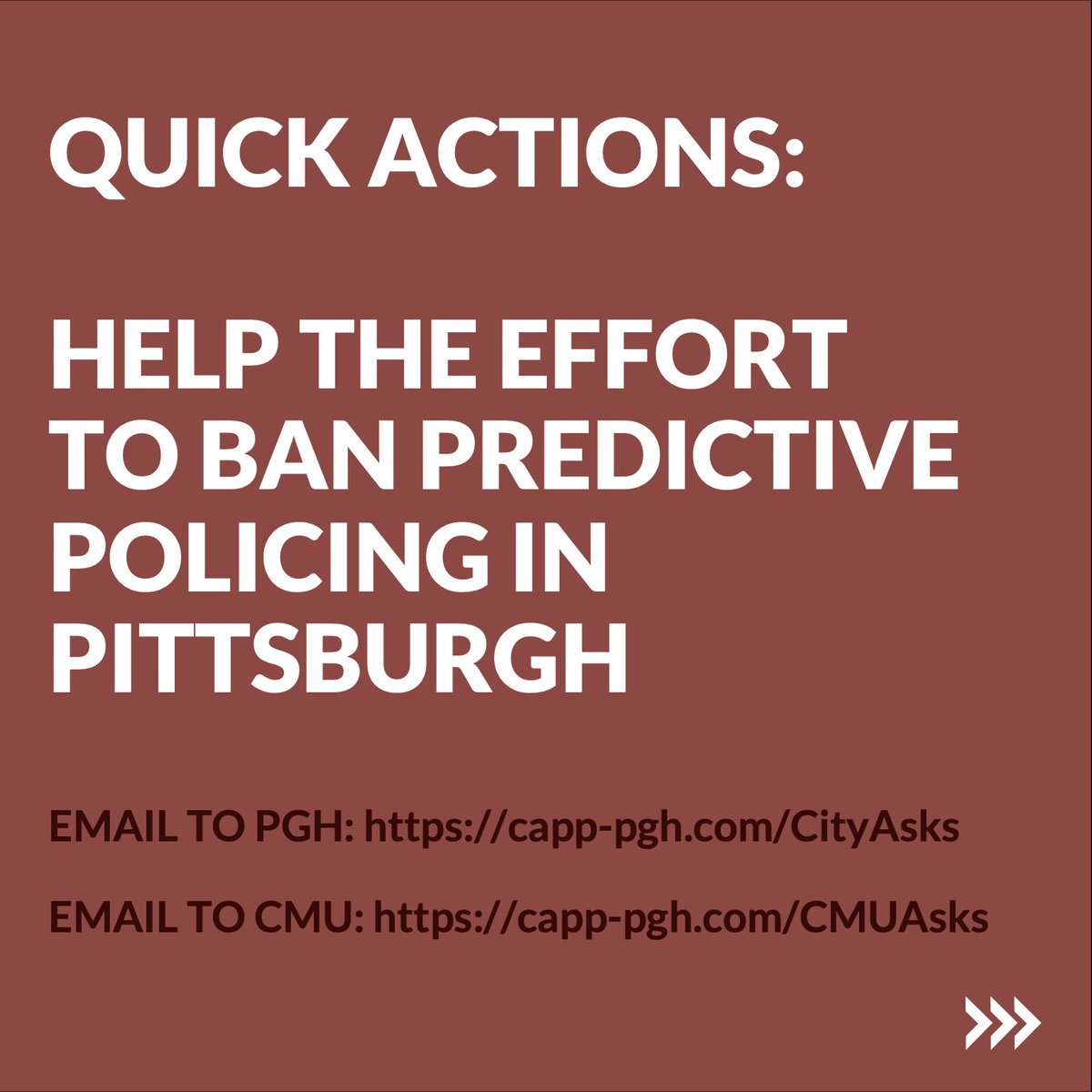 capp_pgh's tweet photo. Help us in our effort to ban predictive policing, facial recognition, implement community oversight for surveillance tech, &amp; demand CMU confront their role in these harmful tech projects.

Email &amp; contact links here

Local gov: https://t.co/PwtQ8ilptu
CMU: https://t.co/u0Sqtp7r1W https://t.co/fWzf1DNKMy