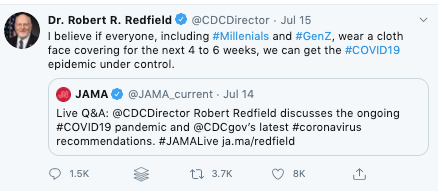 CDC Director Robert Redfield warned that this fall and winter will be “one of the most difficult times we’ve experienced in American public health” and urged young people to wear face coverings

This and other COVID-19 headlines from <a href="/HoganLovells/">Hogan Lovells</a>: buff.ly/2WmzWDl