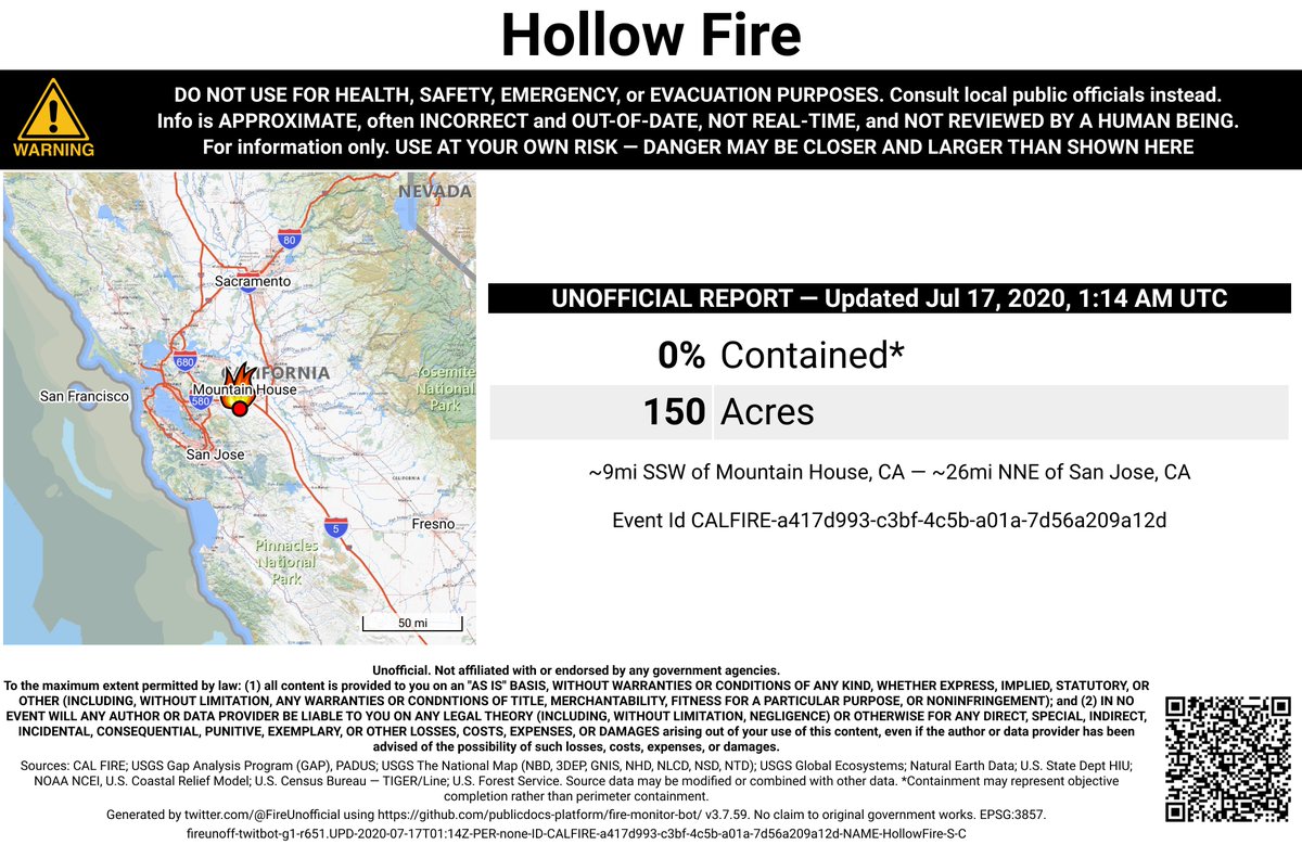 CaliFireBot's tweet photo. #HollowFire 🔥 unofficial, automated update.
~9mi SSW of Mountain House, CA. ⚠️ DO NOT USE FOR SAFETY PURPOSES - See officials instead. May be incorrect; disclaimers in images.
https://t.co/qhJWHRn6Ng https://t.co/jxQOwsOFeJ