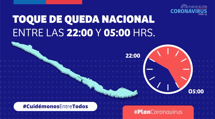Senapred's tweet photo. #PlanCoronavirus Recuerda que el @GobiernodeChile ha decretado #ToqueDeQueda para todo el país, desde las 22 hasta las 5 am. #CuidémonosEntreTodos https://t.co/Rks6F3kk4L