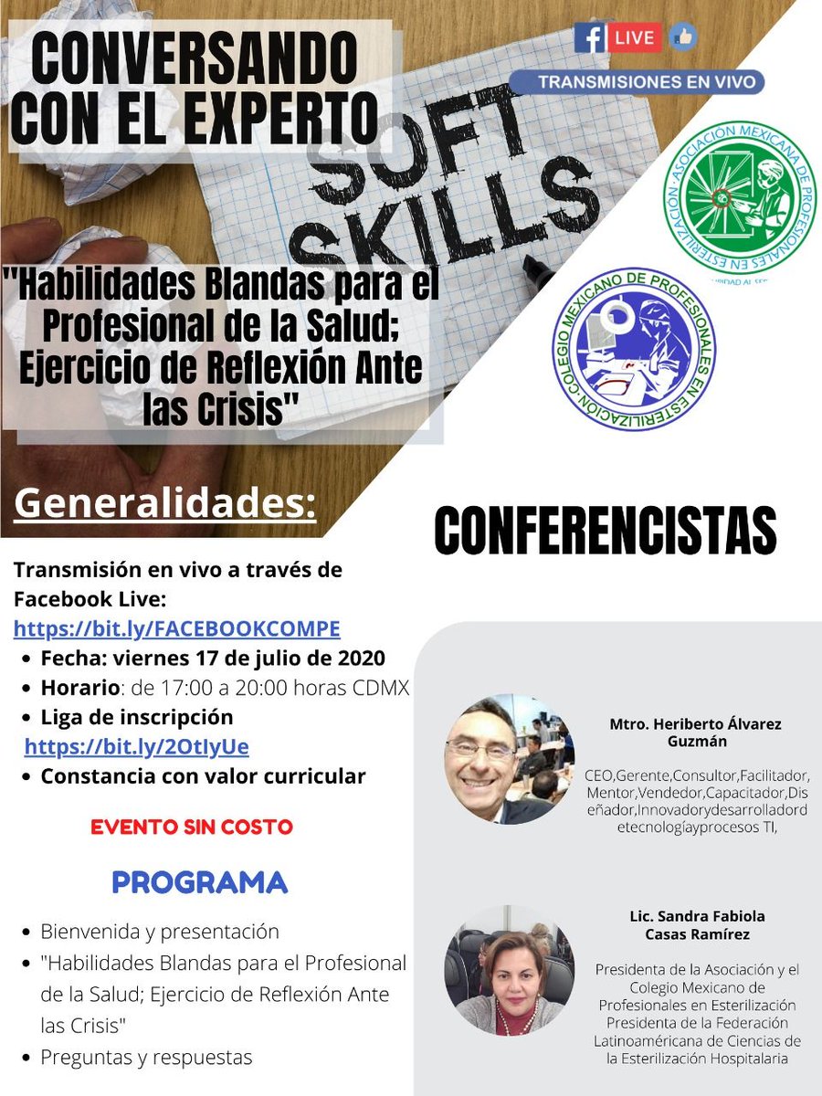ampe_compe's tweet photo. 💥💥💥 CONVERSANDO CON EL EXPERTO💥💥💥🗣👤👥
Tema:"#HabilidadesBlandas para el #Profesional de la #Salud; Ejercicio de Reflexión Ante las Crisis"
#viernes 17 de julio
De 17:00 a 20:00 horas CDMX https://t.co/wSczEI9zey