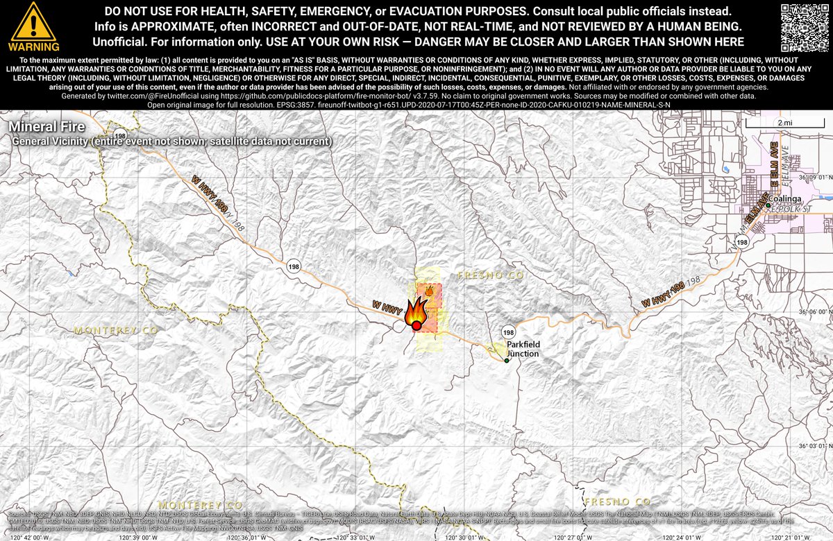 CaliFireBot's tweet photo. #MineralFire 🔥 unofficial, automated update.
@FresnoCoFire; ~10mi WSW of Coalinga, CA. ⚠️ DO NOT USE FOR SAFETY PURPOSES - See officials instead. May be incorrect; disclaimers in images. https://t.co/So8bP3ZmFW