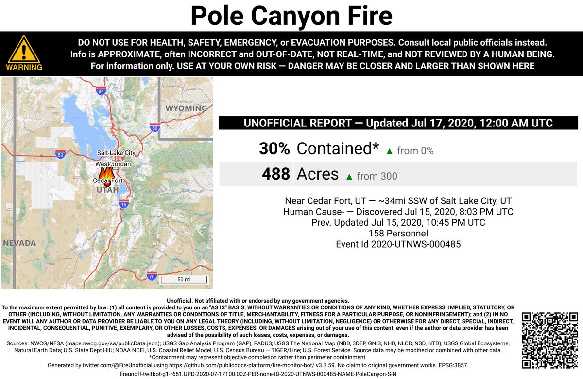 UtahNevFireBot's tweet image. #PoleCanyonFire 🔥 unofficial, automated update.
Near Cedar Fort, UT. ⚠️ DO NOT USE FOR SAFETY PURPOSES - See officials instead. May be incorrect; disclaimers in images.