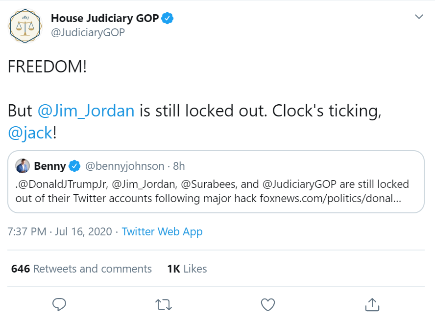 Update, JudiciaryGOP isn't locked out of their account anymore and they are no longer ghost banned. Jim Jordan is still locked out and still ghost banned. Looks like Twitter ghost banned accounts they locked out after the hack.