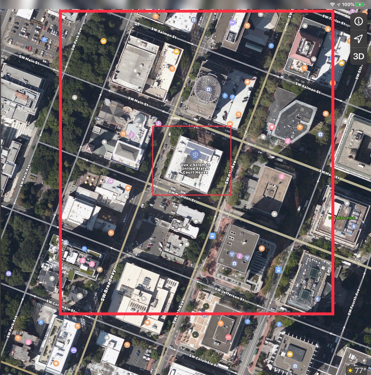 If the Federal Courthouse pulls the FOIA exemption (which they might), alternative route issee the tiny red box? That’s the courthouse complexsee the bigger red box? Those are various commercial buildings.It will take work, you might be able to piece a video timeline together