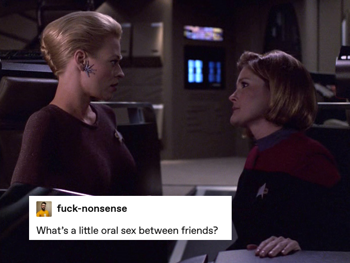 today i offer you a 3 parter with a very specific screencap of seven literally keeping janeway up past 2 am