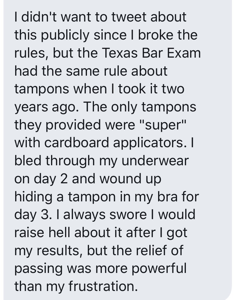 Posting anon follower share with permission so our followers and bar leaders understand what it’s like when women aren’t permitted to being their own feminine hygiene products. Because—shocker—this isn’t a one-product-solves-all kind of thing.  #LadyLawyerDiaries  https://twitter.com/ladylawyerdiary/status/1283861513074335744