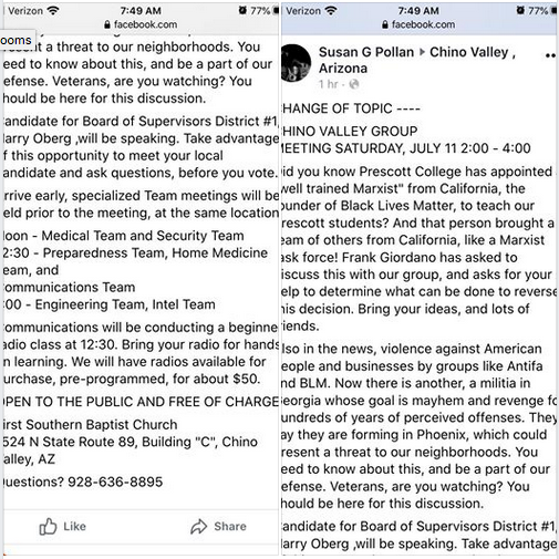 Another post suggested the Oathkeepers discuss how to reverse the college's decision at a meeting including a scheduled presentation by Yavapai Supervisor candidate Harry Oberg.