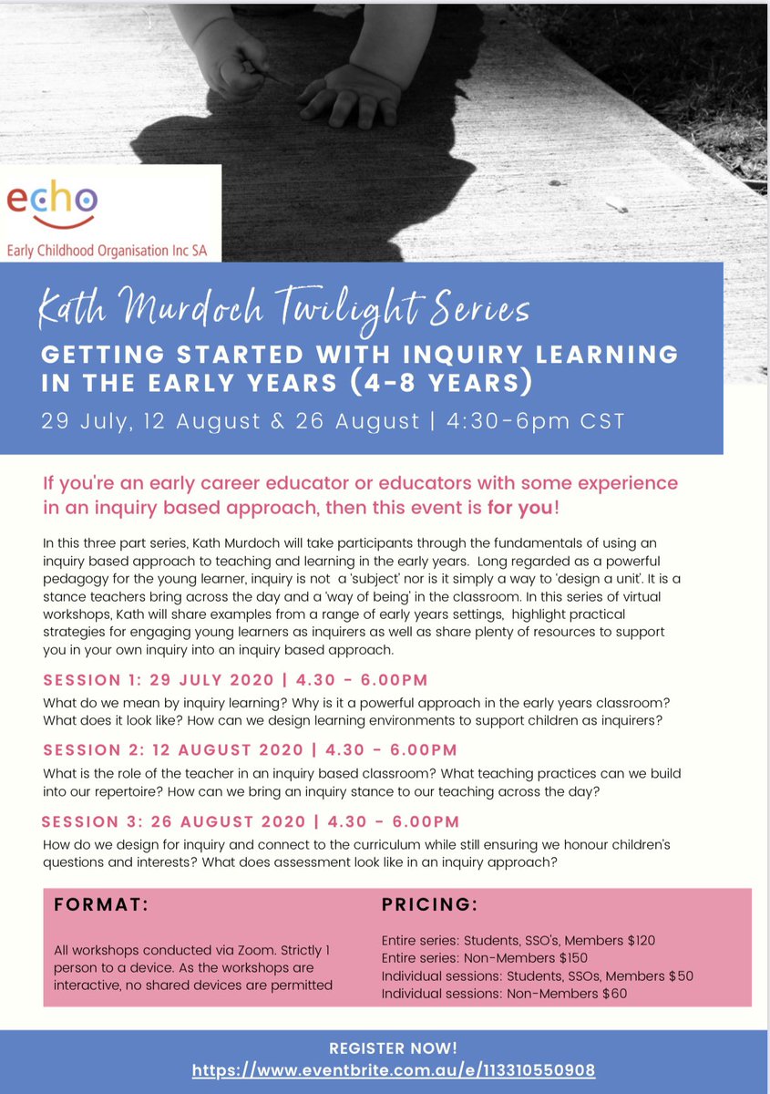 Zoom Twilight series with Kath Murdoch. Getting Started with Inquiry Learning in Early Years. Please share with your early years colleagues and networks. mailchi.mp/841858d53e0c/u…