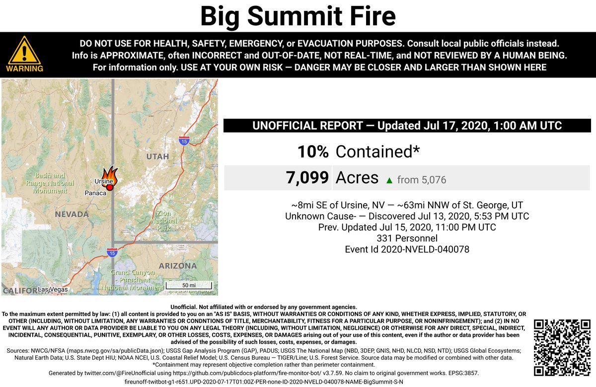 UtahNevFireBot's tweet image. #BigSummitFire 🔥 unofficial, automated update.
~8mi SE of Ursine, NV. ⚠️ DO NOT USE FOR SAFETY PURPOSES - See officials instead. May be incorrect; disclaimers in images.