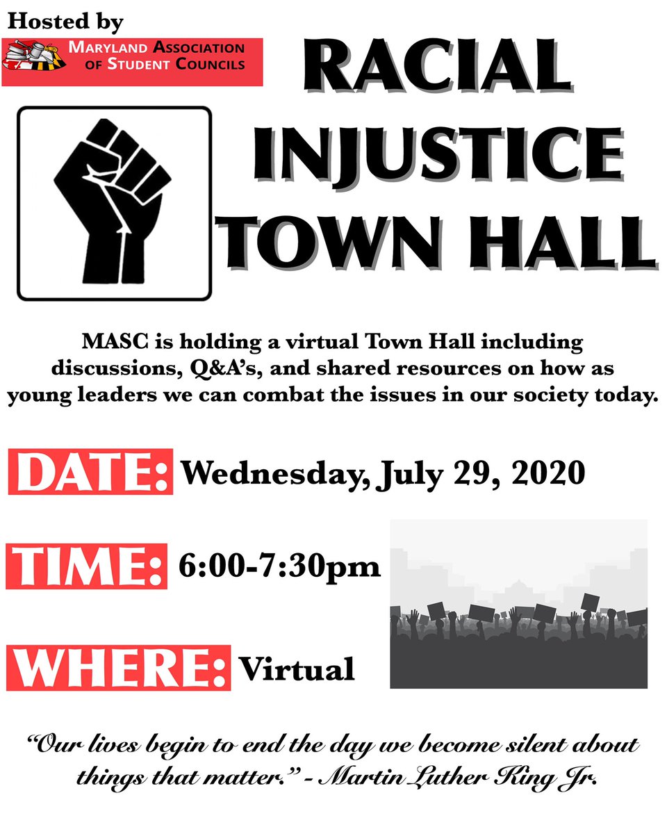 On Wednesday, July 29, MASC is holding a free, virtual town hall to speak with community leaders about racial injustice occuring today. Through the town hall, student leaders can start conversations to take action! Registration ends on July 27 at 12am.
docs.google.com/forms/d/e/1FAI…