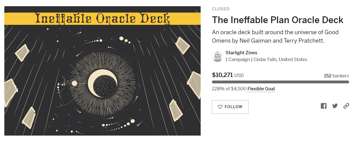 Our oracle deck campaign closed last night with three stretch goals reached!

We're excited to work towards printing the deck and will keep you in the loop during the production process! Thank you so so much to everybody who pledged; we couldn't have done it without you!