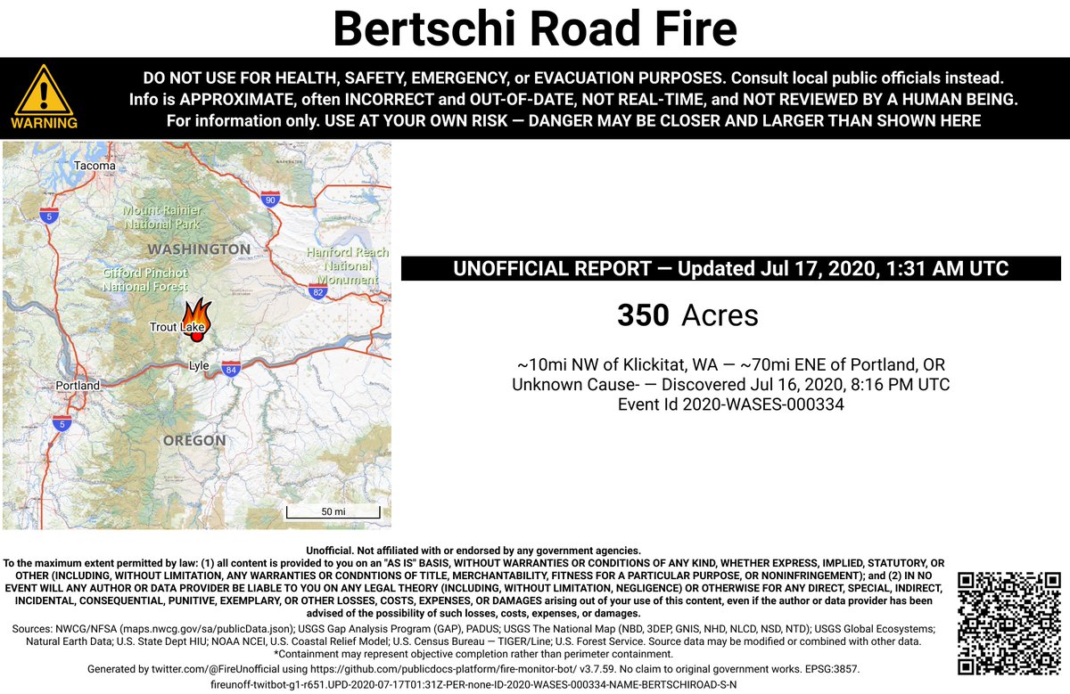 PacNWFireBot's tweet photo. #BertschiRoadFire 🔥 unofficial, automated update.
~10mi NW of Klickitat, WA. ⚠️ DO NOT USE FOR SAFETY PURPOSES - See officials instead. May be incorrect; disclaimers in images. https://t.co/VcAygK6Evu
