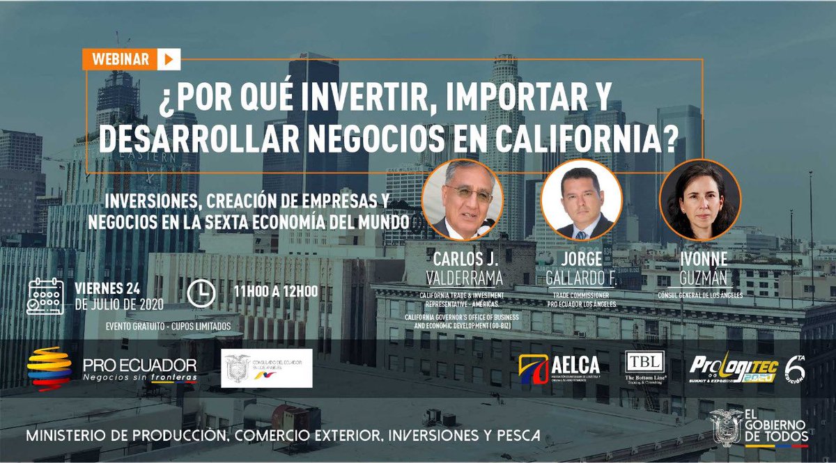 GeorgeGallard20's tweet photo. It is an honor to invite you to this Panel that we have set up to be a look at what to invest in and how to develop companies in California.#investors #california #entrepreneur #startups #investments #bussines #proecuador #californiagov https://t.co/eh36p52Bd1