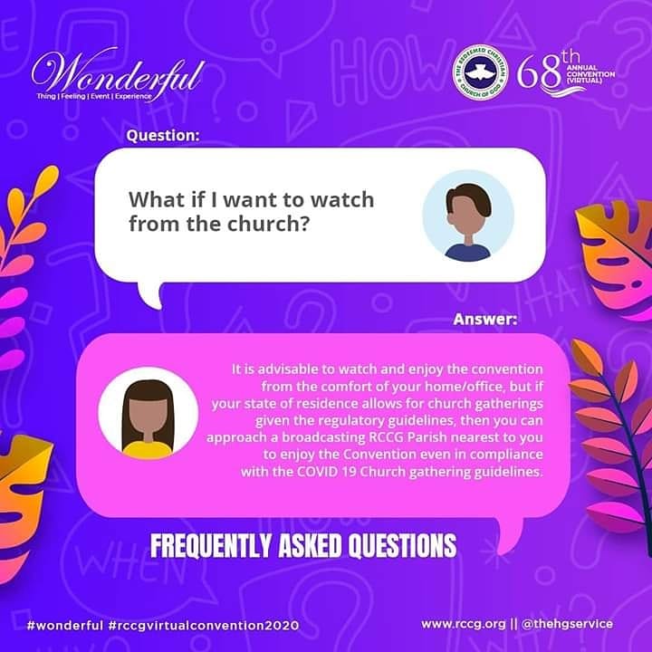FafurePrince's tweet photo. The WONDERFUL Convention will be virtual and there are several questions you might have that we have answers to.
Check them here.
#Wonderful
#RCCGVIRTUALCONVENTION2020 https://t.co/CNb7aDKHNZ