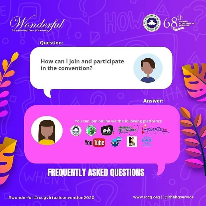 FafurePrince's tweet photo. The WONDERFUL Convention will be virtual and there are several questions you might have that we have answers to.
Check them here.
#Wonderful
#RCCGVIRTUALCONVENTION2020 https://t.co/CNb7aDKHNZ