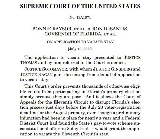 Over two weeks ago, the Supreme Court denied an emergency stay of a ruling that allowed Florida felons, who were unable to pay their court fines, to vote. Now, 20 Democratic state Attorneys General have filed an amicus brief arguing FL's "pay-to-vote" system is unconstitutional. https://t.co/khRTzJM9DY