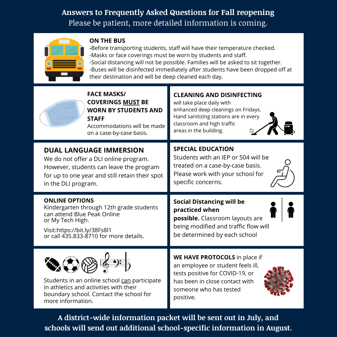 tooeleschools's tweet photo. Here are answers to Frequently Asked Questions about the Fall reopening. Please be patient, more detailed information will be sent out in the coming weeks. https://t.co/tSnFxsoWVQ