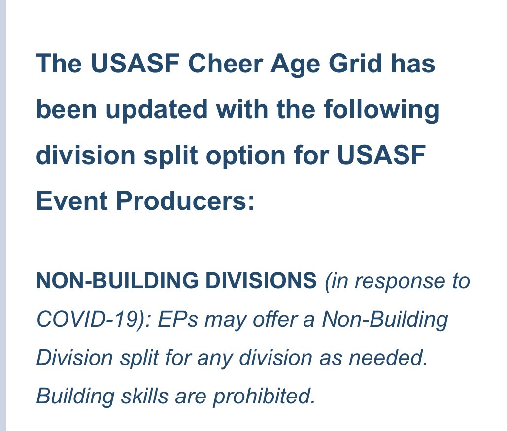 cheerUPDATES's tweet photo. HAPPENING NOW‼️
@USASFcheer introduces a full set of divisions to accommodate a “non-building” scenario.

Two seasons ago we saw the introduction of Non-Tumbling, and now a Non-Building. 

Thoughts on the latest addition, and what it means for all star cheer? https://t.co/j4As13NqXR