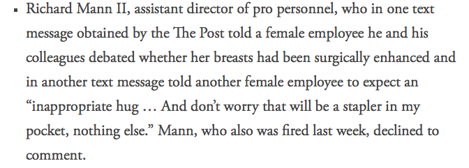 FirstandFan1's tweet photo. Some of the allegations in the WaPo article, confirming the Washington Redskins organization had a rampant culture issue, plus more allegations regarding Jay Gruden (and a personally-motivated benching that may have caused Alex Smith his life-threatening injury) https://t.co/ebYRbhJy3n
