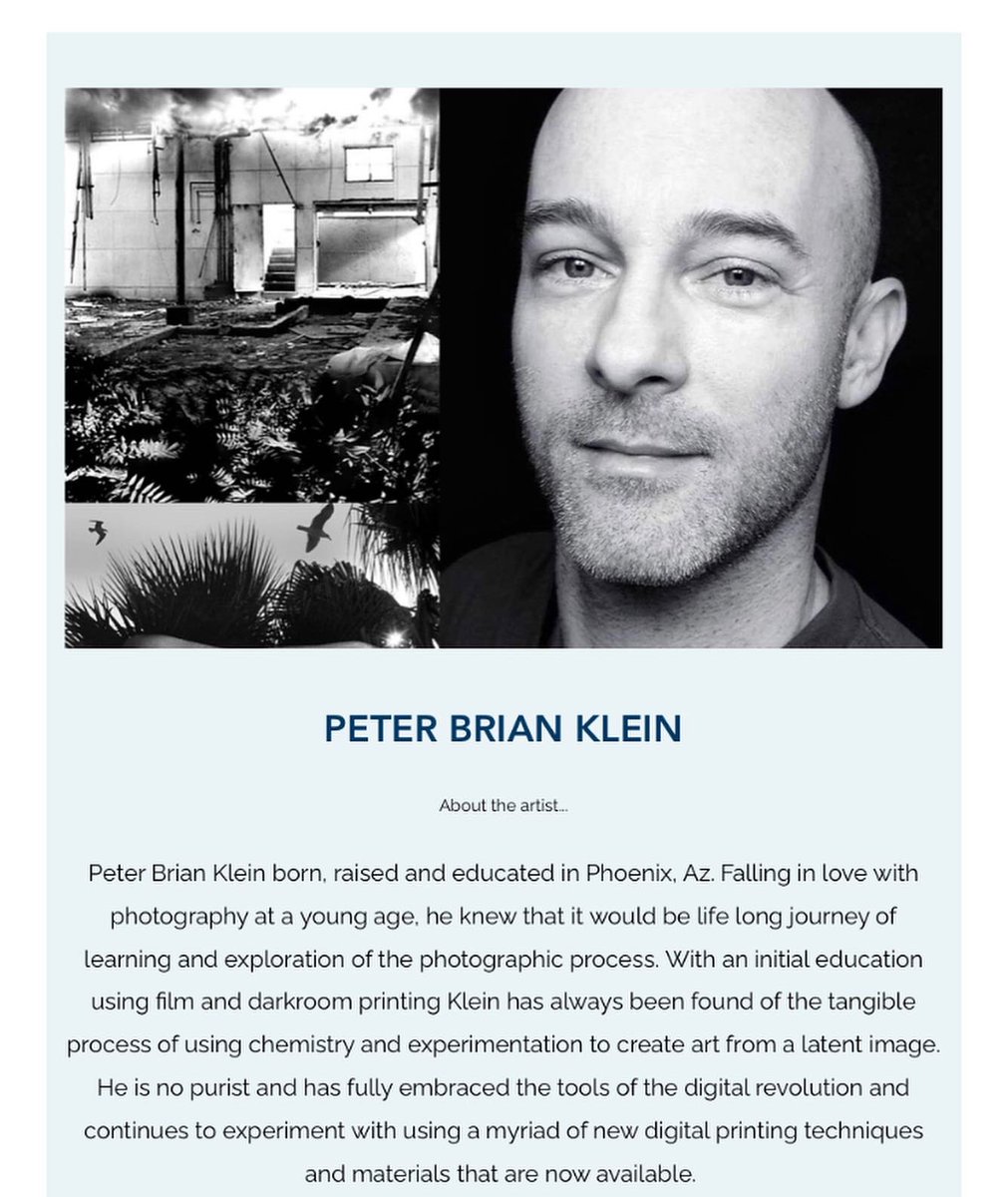 NicoleRoyseArt's tweet photo. Artist Spotlight on #PeterBrianKlein ! Born, raised &amp; educated in Phoenix, AZ. An initial education using film &amp; darkroom printing Klein has always been found of the tangible process of using chemistry &amp; experimentation to create art from a latent image. https://t.co/Tk2hXRSeZ7 https://t.co/JwubhGRfL0