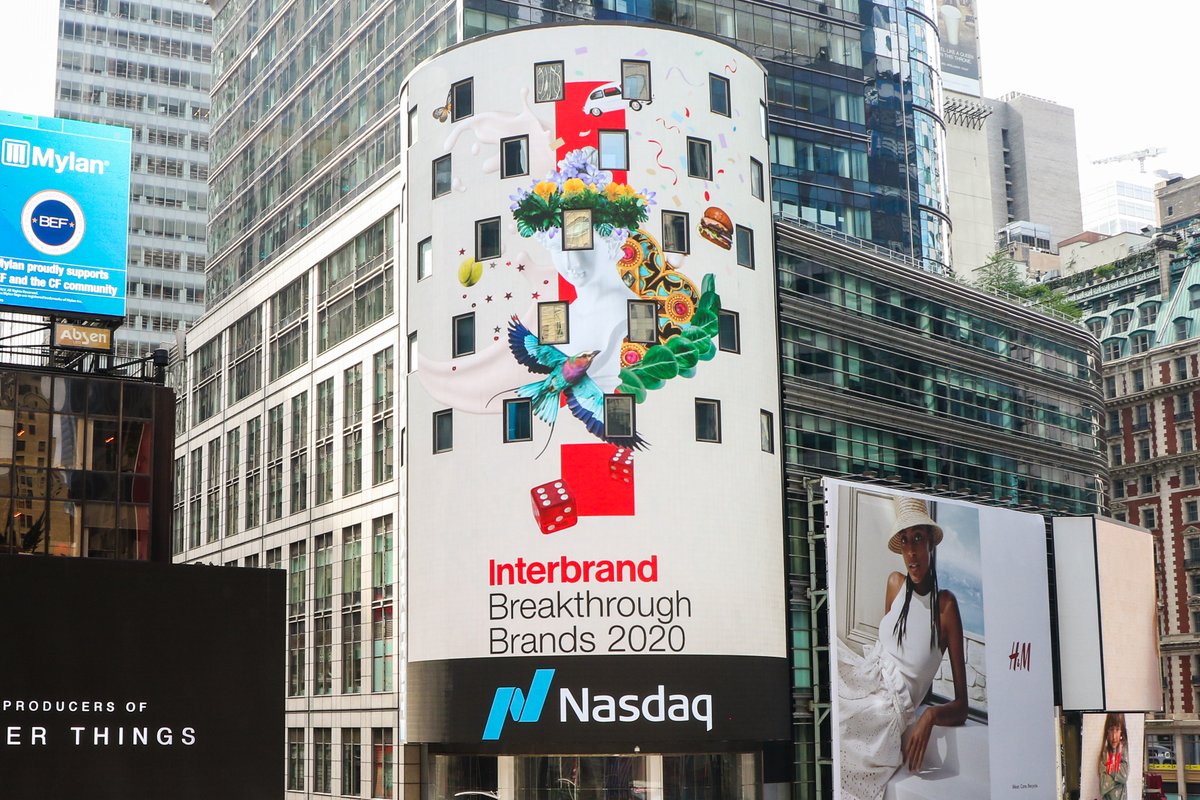 Interbrand's tweet photo. Many thanks to our friends at @Nasdaq for highlighting the #BreakthroughBrands2020 launch on the Times Square big screen today! 

Learn more about 30 brands that are challenging their respective categories and breaking through in the US mass market: https://t.co/uFbnEjEGzW https://t.co/AkqlIpllhH