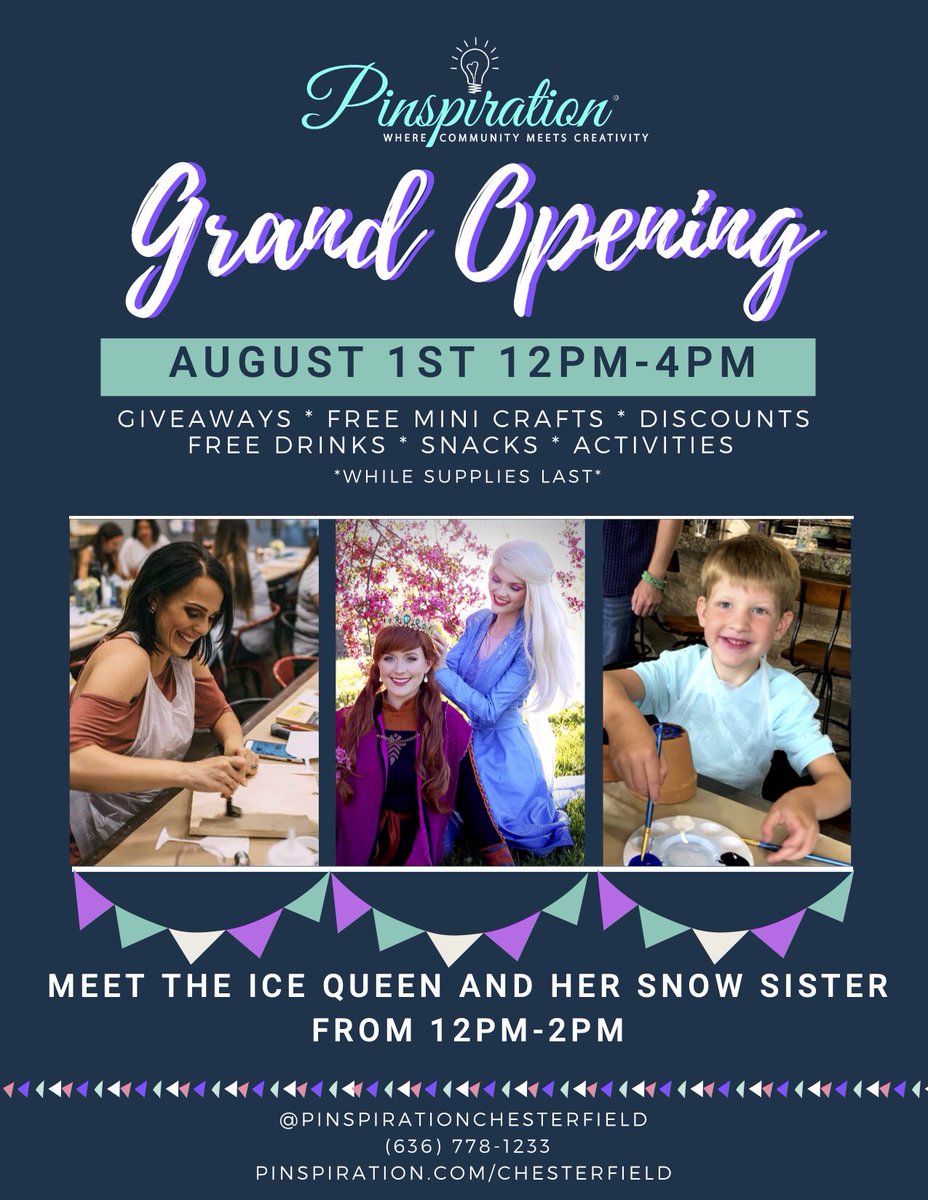 Join us for our Grand Opening Celebration!  Aug 1st from 12-4pm
We will be hosting the Ice Queen and her Snow Sister from 12-2!

Multiple giveaways including an iPad and a 4 night stay in Panama City Beach Florida! Mark your calendar!

#pinspiration #grandopening #chesterfieldmo