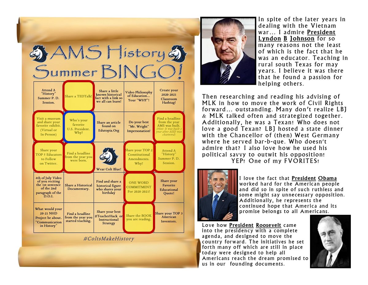 DrRLWright's tweet photo. @AldineMS_AISD Bingo continues with "My favorite U.S. President."
Well LBJ of course... but I had a few honorable mentions.
#AMSBingo
#ColtsMakeHistory
@LBJLibrary @BarackObama @FDRLibrary https://t.co/ltHPzDTj3J