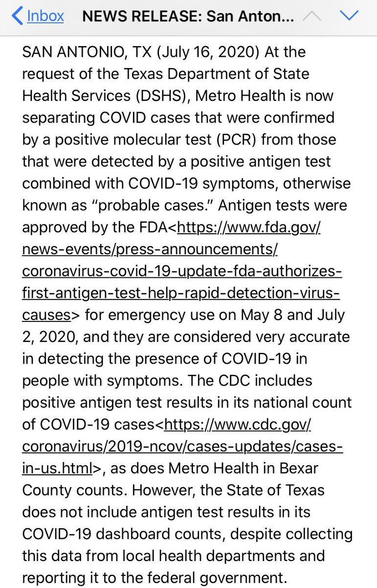 1/ Thread: San Antonio Metro Health will separate confirmed and probable COVID-19 cases. Probable cases are from antigen tests, however, San Antonio Metro Health says the cases are indeed positive cases. This is complex. Please read the whole thread. @TPRNews