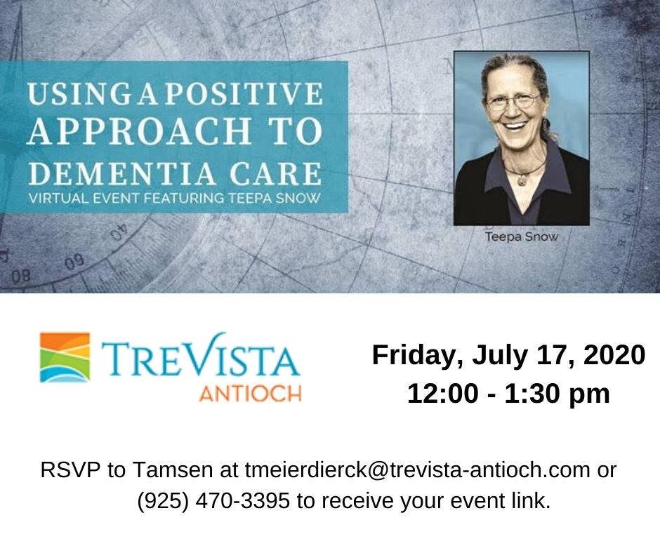 chamber94565's tweet photo. TreVista Senior Living, the best in senior living in Antioch, is offering a FREE VIRTUAL EVENT TOMORROW featuring one of the world's leading educators on dementia, Teepa Snow. RSVP today to reserve your spot and tell your everyone!  

tmeierdierck@trevista-antioch.com https://t.co/WwQ7wzqRRp