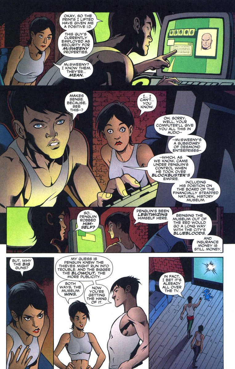 It again goes with the two of them having a disagreement over Batman's methods. Same as before. Thankfully a silent alarm is triggered the two respond and deal with. Cass kind of knocks them all out as Tim notes their hardware hints at more, so now he teaches her.