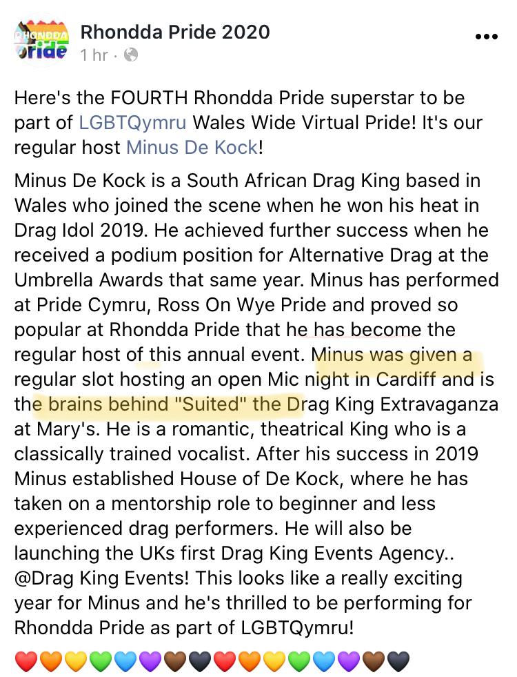 They have also been claiming that Minus De Kock "was the brains behind" a drag night at Mary's that was actually thought up by Kit Hulu. They were part of the team behind it but was not the brains...