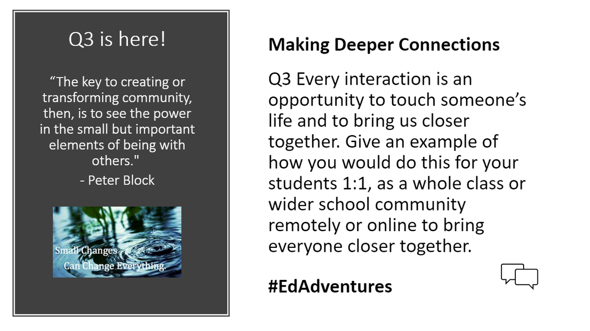 LiviaChanL's tweet photo. Q3 Every interaction is an opportunity to touch someone’s life and to bring us closer together. Give an example of how you would do this for your students 1:1, as a whole class or wider school community remotely or online to bring everyone closer together. #EdAdventures https://t.co/Jqyg2024Mt