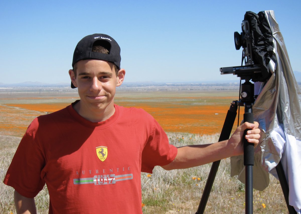 --then went on to the Antelope Valley for the California Poppy bloom. I had brought a point-and-shoot digital camera, but also the 4x5 large-format film camera I had at the time. Here's my son posed with it that day. He was a great photo assistant. The poppies were amazing and--