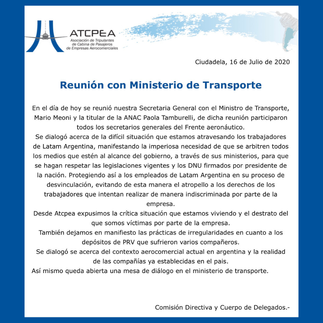 Reunión con Ministerio de Transporte <a href="/MindeTransporte/">Ministerio de Transporte</a> <a href="/mariomeoni/">Mario Meoni</a> <a href="/ANACargentina/">ANAC</a> <a href="/ptambu/">Paola Tamburelli</a>