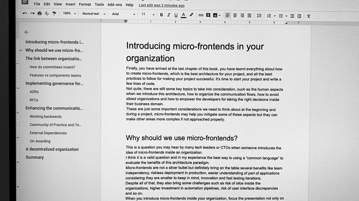 lucamezzalira's tweet photo. “Introducing #microfrontends in your organization” chapter is almost done, 2 paragraphs to go!
I think in a book on MFEs, adding some insights on governance, communication flows and decentralisation won’t hurt.

What do you think⁉️🙂

#FrontEnd #javascript #web #microservices #js https://t.co/u065tCaVoD