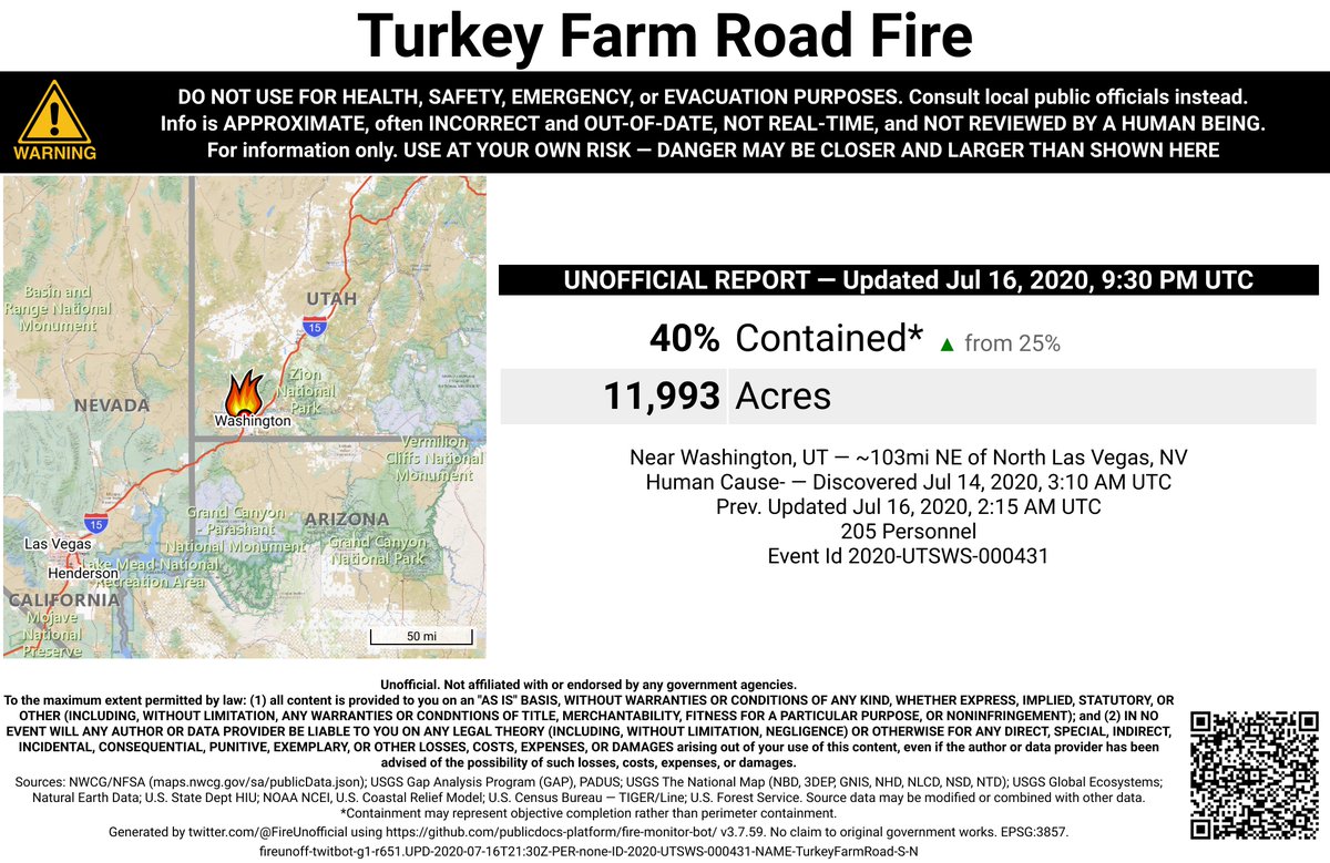 UtahNevFireBot's tweet image. #TurkeyFarmRoadFire 🔥 unofficial, automated update.
Near Washington, UT. ⚠️ DO NOT USE FOR SAFETY PURPOSES - See officials instead. May be incorrect; disclaimers in images.