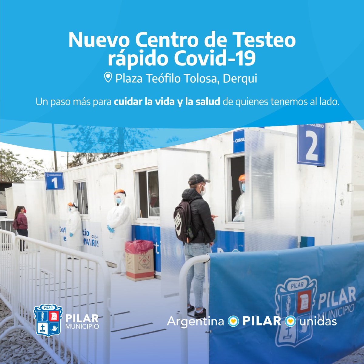FedericoAchaval's tweet photo. Si tenés síntomas de Coronavirus podés acercarte al Centro de Testeo rápido de COVID-19 en la Plaza Teófilo Tolosa de Presidente Derqui.

#ElegimosCuidarte https://t.co/WyhjhPeNlv