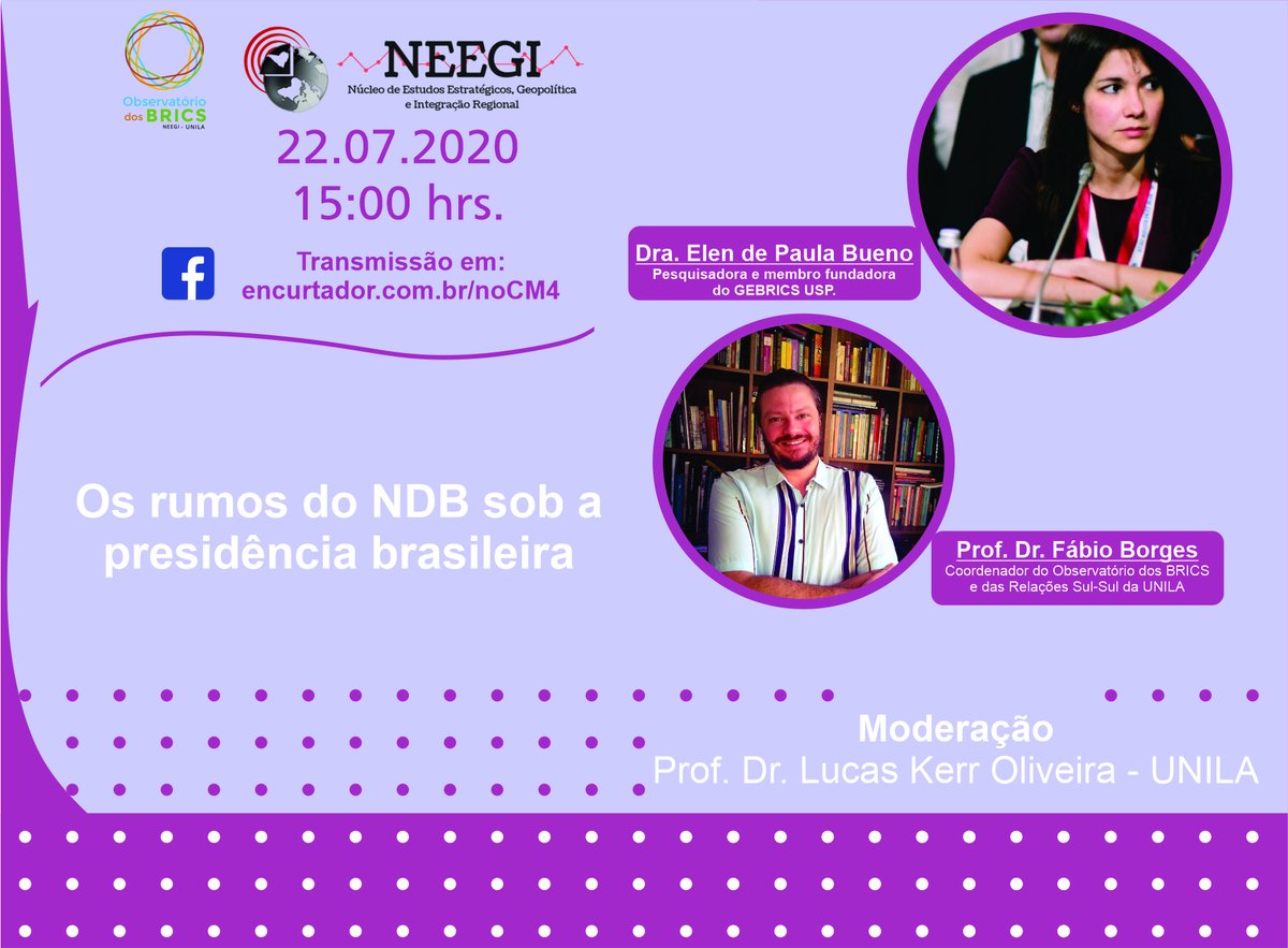 ObsBricsUNILA's tweet photo. Na próxima quarta-feira, dia 22.07 tem live do Observatório dos BRICS! 💻🎞

Na próxima live do Observatório dos BRICS contamos com a presença da Dra. Elen de Paula Bueno, pesquisadora e membro fundadora do G E B R I C S / U S P e do Professor Dr. Fábio Borges, coordenador do.... https://t.co/HLU0Fx9NNB