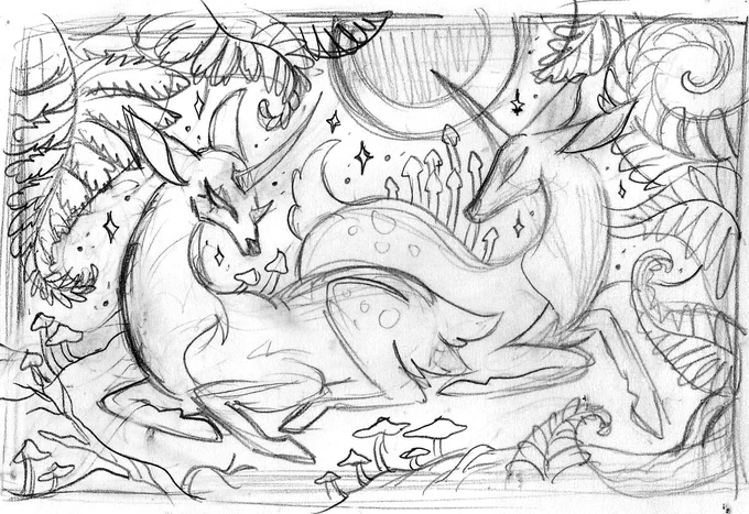 it was crypto's idea to collab, and of course i was delighted bc collaborating with them is a stupendous joy, but also bc they wanted to draw FAWNS!!

we decided to do alternating steps of the process, beginning with crypto's initial sketch, which they sent me digitally. 