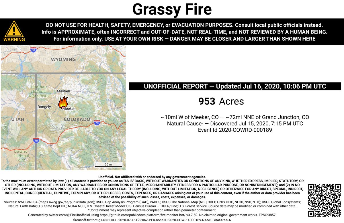 RockyMtnFireBot's tweet photo. #GrassyFire 🔥 unofficial, automated update.
~10mi W of Meeker, CO. ⚠️ DO NOT USE FOR SAFETY PURPOSES - See officials instead. May be incorrect; disclaimers in images. https://t.co/WqjHCmm4zv