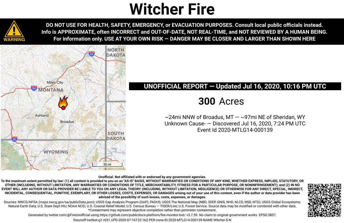 NRockFireBot's tweet photo. #WitcherFire 🔥 unofficial, automated update.
~24mi NNW of Broadus, MT. ⚠️ DO NOT USE FOR SAFETY PURPOSES - See officials instead. May be incorrect; disclaimers in images. https://t.co/aDRkRUB25I
