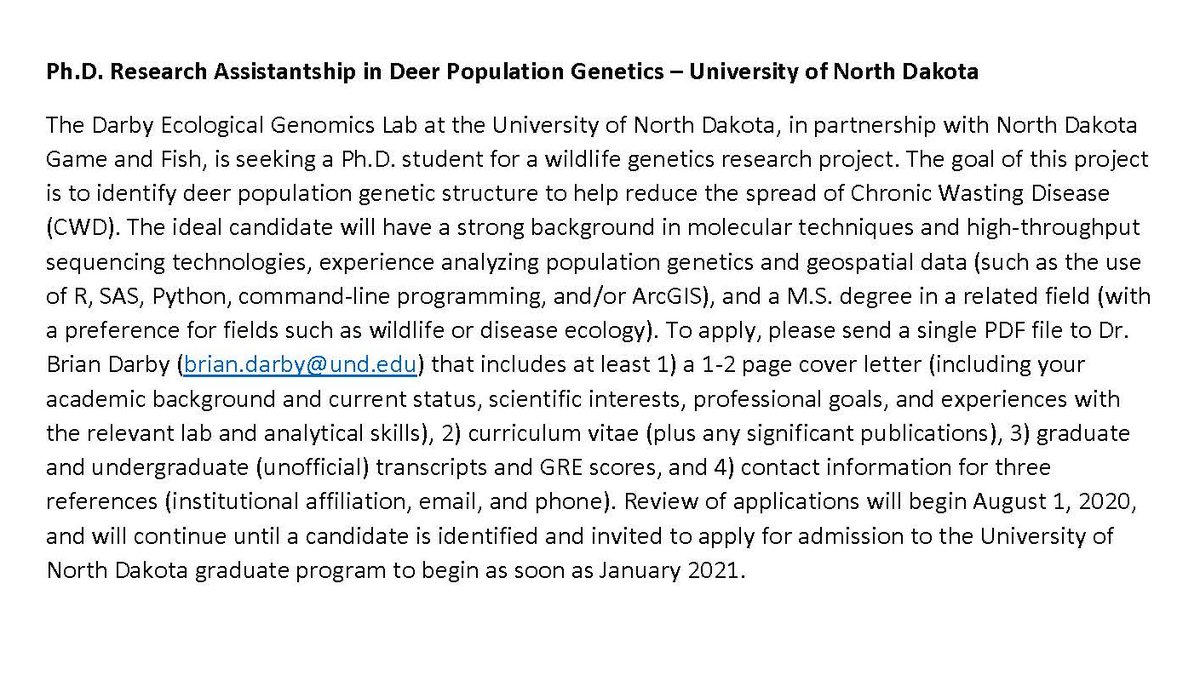FelegeLab's tweet photo. My non-twitter @UNDBiology colleague has a cool PhD position available in his lab in collaboration with ND Game &amp; Fish.  Neat project. Great advisor (ask @AndrewBarnas @samuelhervey &amp; @TannerStechmann). #PhDposition #wildlife #Genetics #DiseaseEcology https://t.co/657p3tDSuU