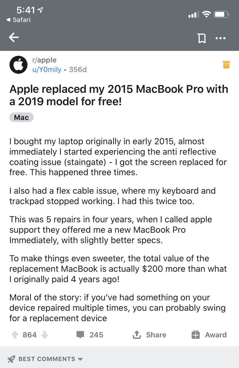 FixFlexgate's tweet image. Here is a picture of a post from the Apple reddit by someone who got their MacBook Pro replaced.