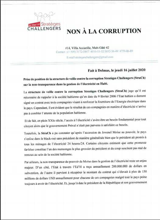 MouvmanE's tweet photo. Prise de position de la structure de veille contre la corruption Stratèges challengers( StraCh) sur la non-transparence dans la gestion de l'életricité en Haïti https://t.co/iS7LUEdJuf