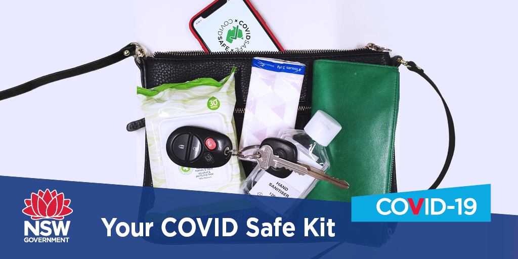 Heading to the shops, work or away for the weekend?  
Take hand sanitiser, tissues &amp; antibacterial wipes with you when leaving the house.

Don’t leave home without them. Stay COVID safe.

For more information: nsw.gov.au/covid-19/how-t… 

#COVID19 #COVID19au