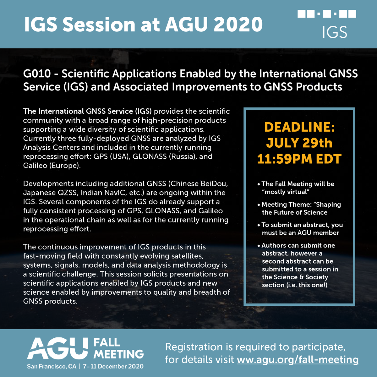 IGSorg's tweet photo. Are you using #IGSnetwork data and products for new or enhanced scientific applications? If yes, then please consider submitting an abstract to our #AGU20 session before the 29 July deadline!
#geodesy #gnss #geodesy4impact #gnss4impact #EO4impact https://t.co/raO95eyM5x