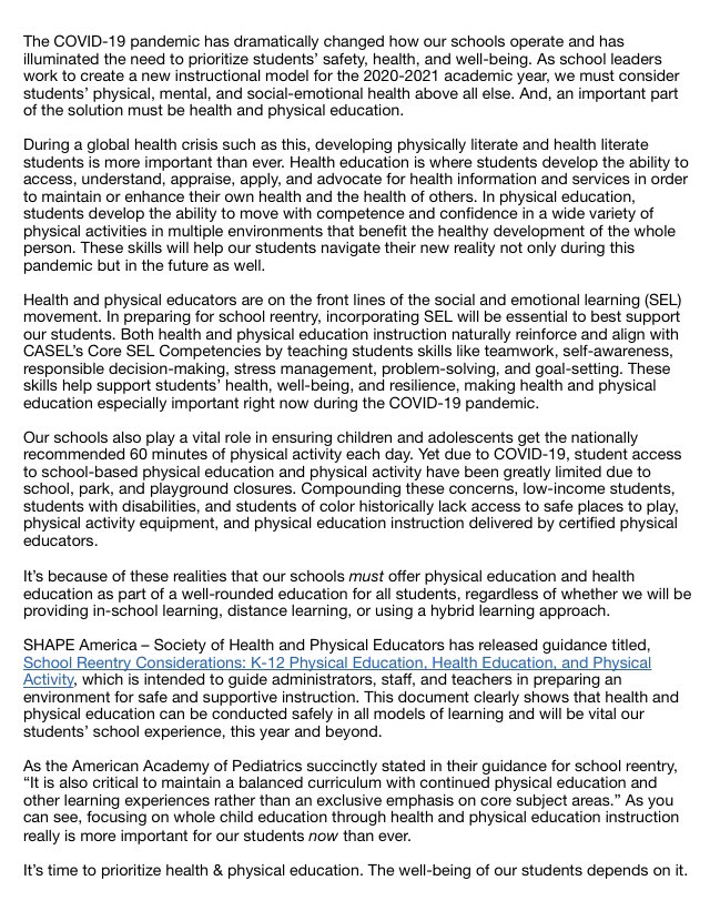 donntobin's tweet photo. PE &amp; Health are essential components of a child’s education.  We are as important as the core subjects &amp; should be part of planning the upcoming school yr.  Please read @SHAPE_America statement helping to explain this. @MahopacSchools @bulldogslv @mtromblee1 @LucianaStephen https://t.co/ihsIs14FLV